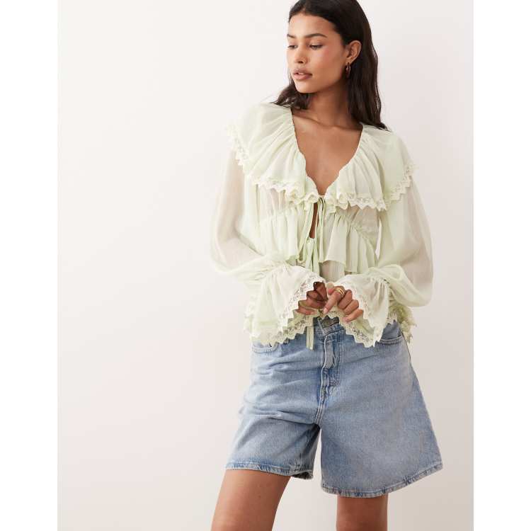 Miss Selfridge chiffon ruffle trim tie front blouse in mint | ASOS