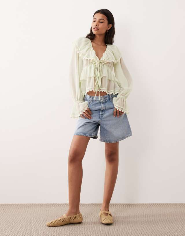 えむえめ♡Frill sleeve chiffon docking jacket Miss Selfridge chiffon ruffle trim tie front blouse in mint | ASOS