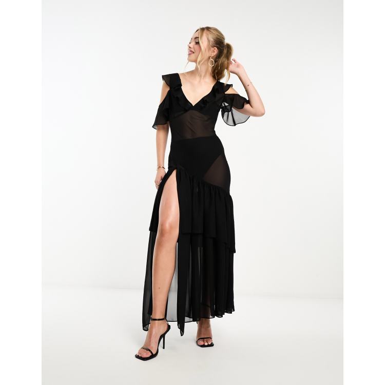 Miss selfridge tiered maxi dress discount with lace detail in black