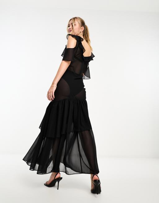 Miss Selfridge chiffon sheer tiered maxi dress in black