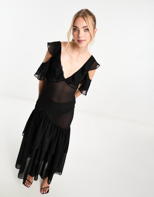 Miss Selfridge chiffon sheer tiered maxi dress in black