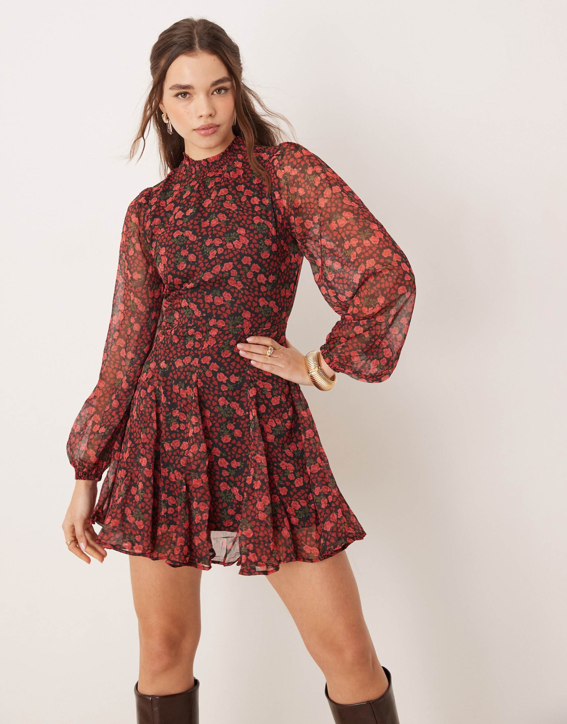 miss selfridge chiffon shirred neck godet mini dress in floral print