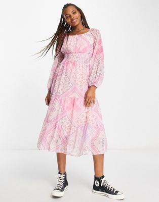 Miss Selfridge chiffon shirred waist midi dress in pink patchwork  - ASOS Price Checker