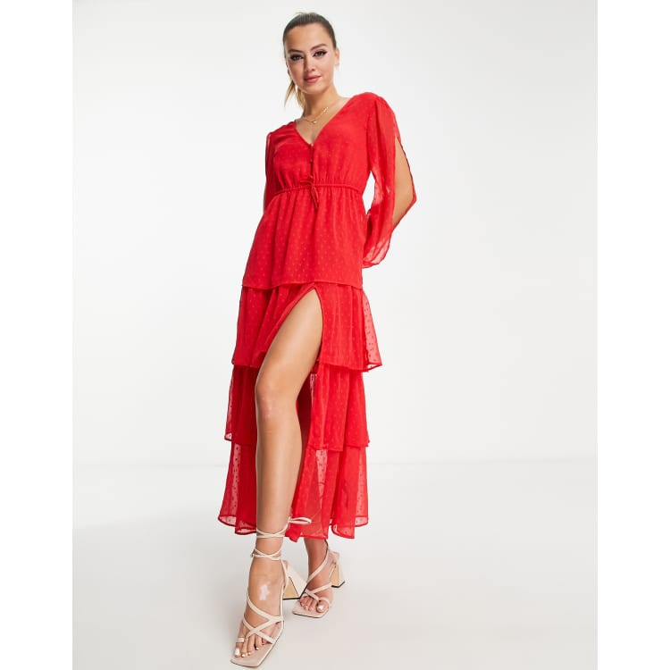 Red Chiffon Ruffle Layer Maxi Dress