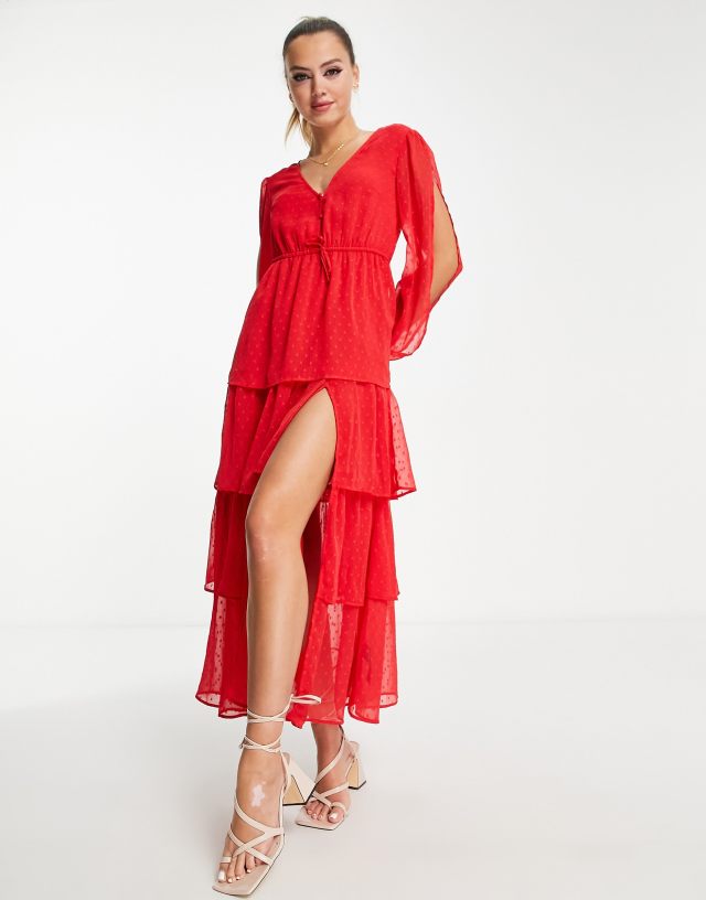 Miss Selfridge chiffon textured tiered maxi dress in red