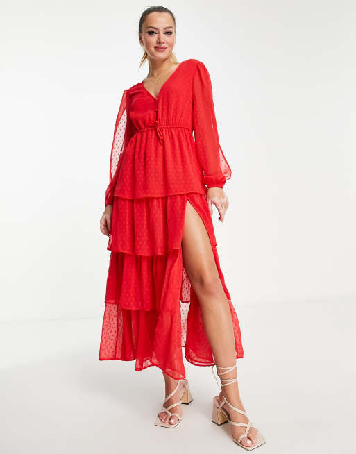 ASOS DESIGN burnout ruffle strap maxi dress in bright red