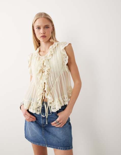 Miss Selfridge chiffon tie front lace trim blouse in ecru - view 1
