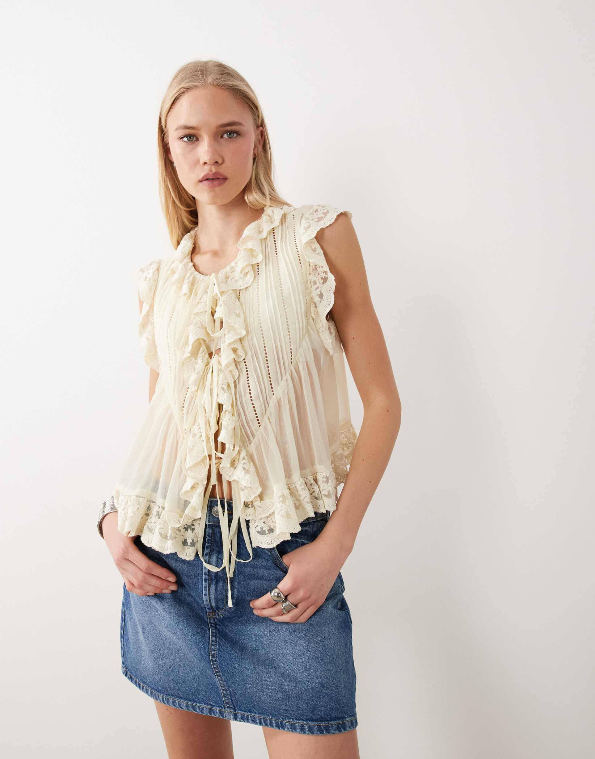 miss selfridge chiffon tie front lace trim blouse in ecru