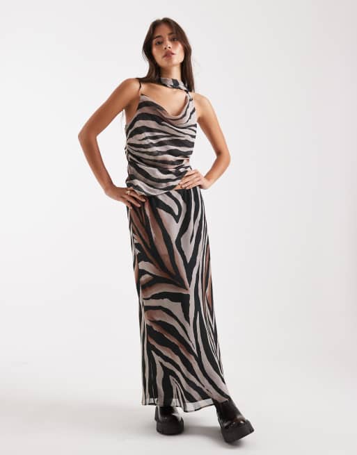 Miss Selfridge chiffon tie neck cowl top in zebra - part of a set
