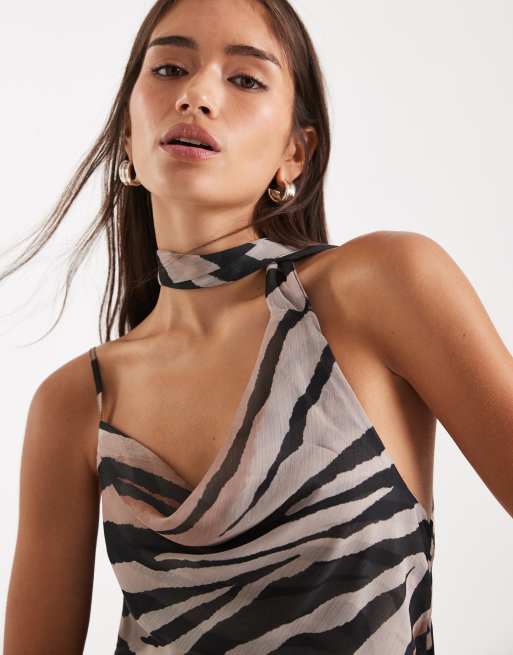 Miss Selfridge chiffon tie neck cowl top co-ord in zebra, 3 of 4