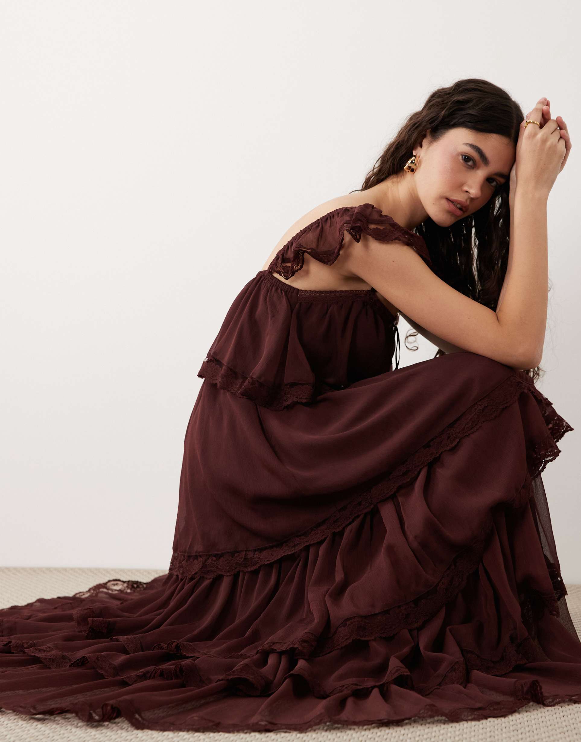 miss selfridge chiffon tiered maxi dress in chocolate