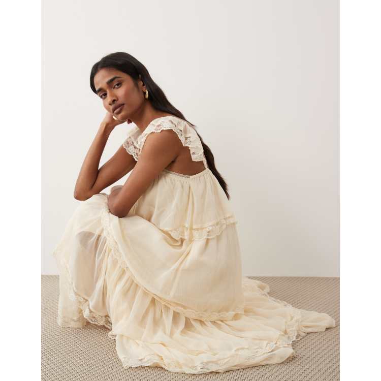 miss selfridge cream dress Miss Selfridge - Chiffon Tiered Maxi Dress - Women - Nylon/Polyester - 2 US