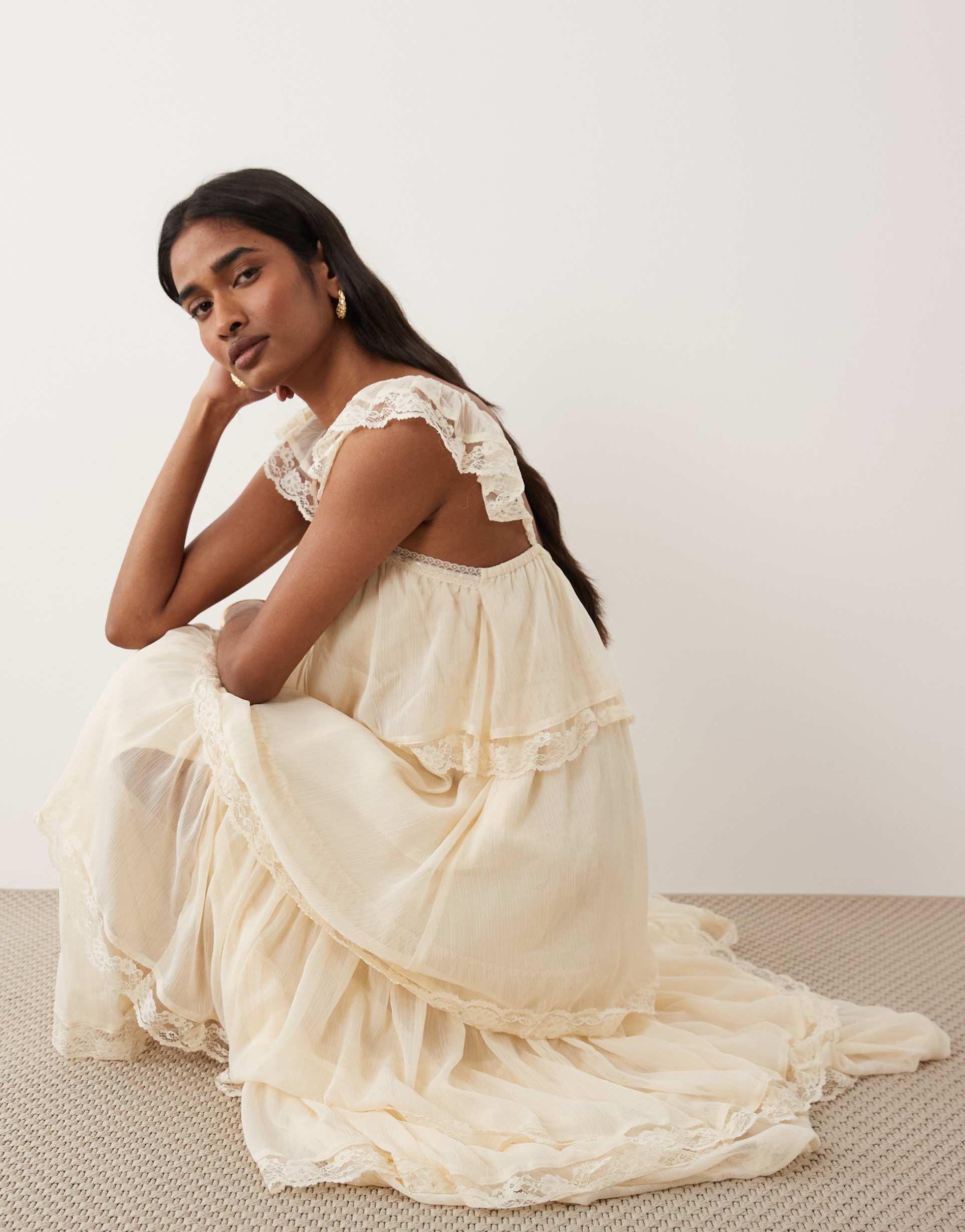 miss selfridge chiffon tiered maxi dress in cream