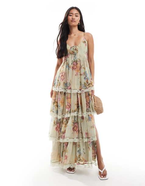 Miss Selfridge chiffon tiered maxi dress in green floral print - view 1