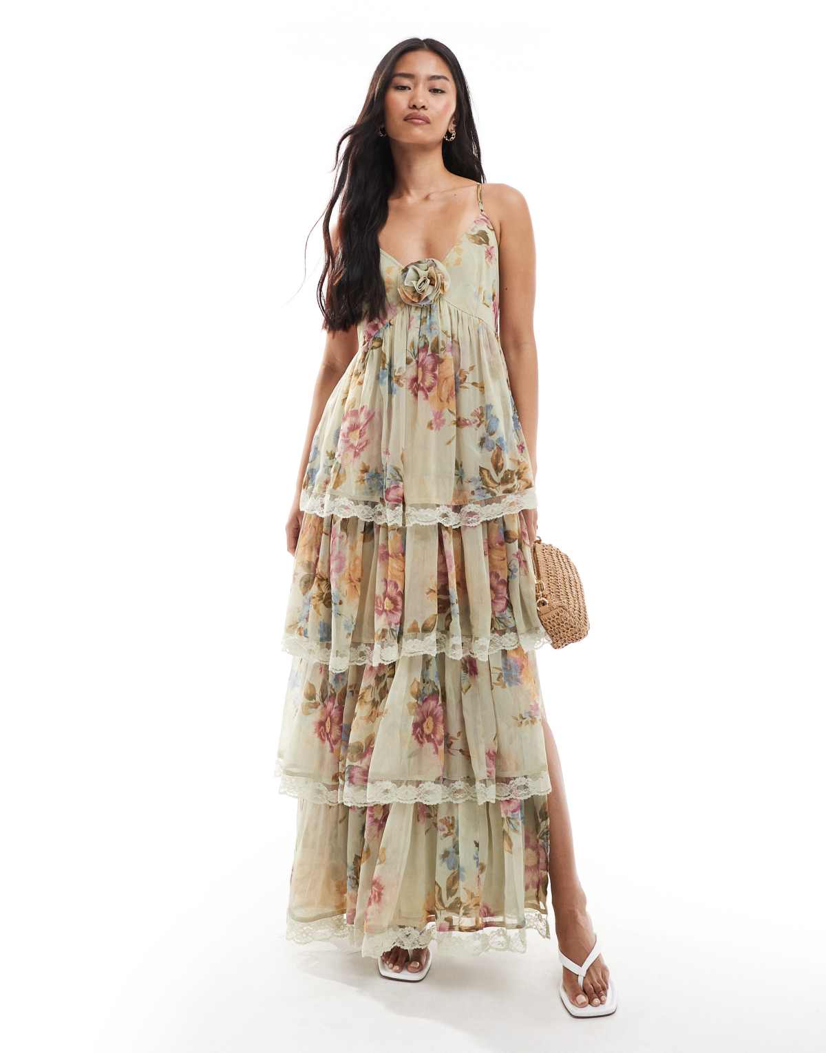 Miss Selfridge chiffon tiered maxi dress in green floral print