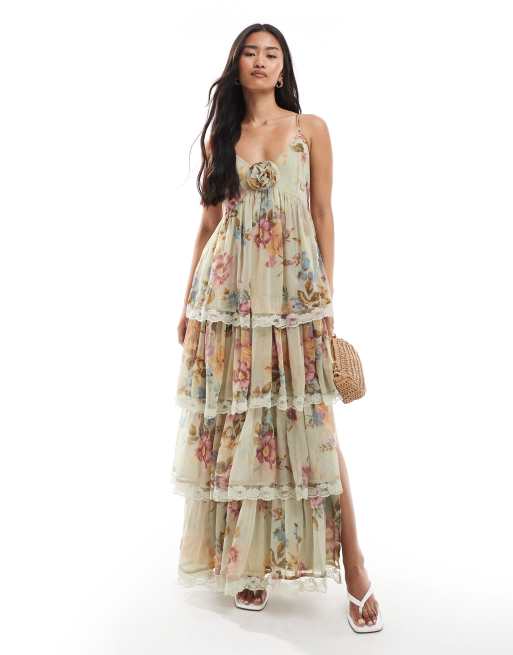 Miss Selfridge chiffon tiered maxi dress in green floral print