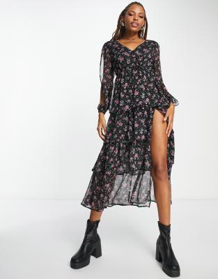 Miss Selfridge Chiffon Tiered Maxi Dress In Spot Floral Print-black