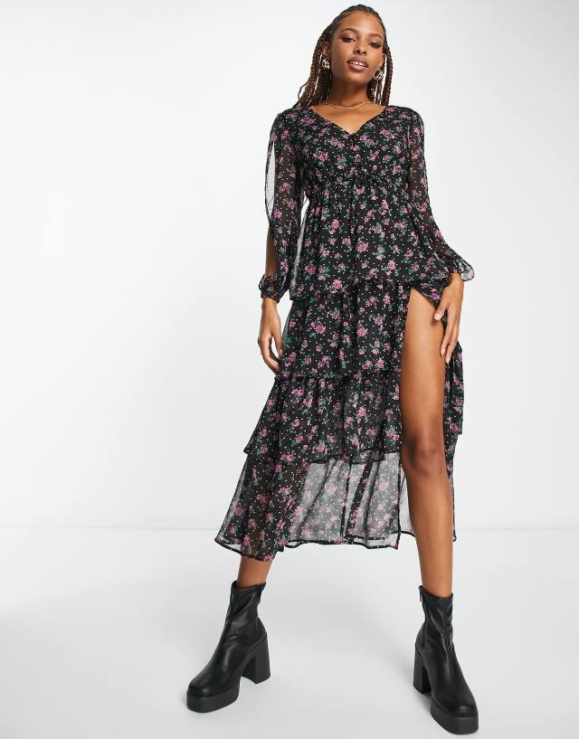 Miss Selfridge chiffon tiered maxi dress in spot floral print