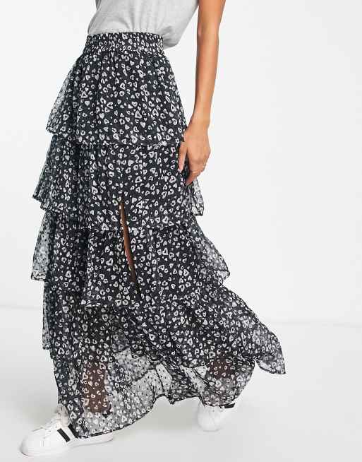 Miss Selfridge chiffon tiered maxi skirt in heart animal