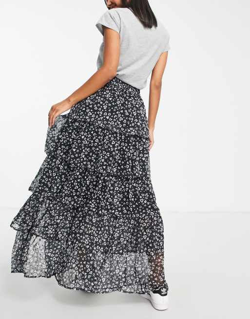 Miss Selfridge chiffon tiered maxi skirt in heart animal