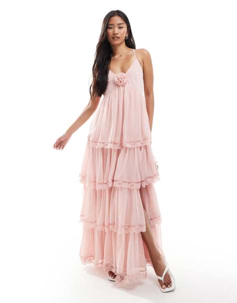 Miss Selfridge chiffon tierred maxi dress in dusky pink - view 1