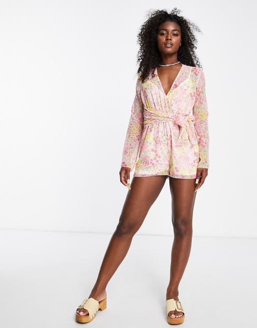 Miss Selfridge chiffon wrap tie waist romper in ditsy print