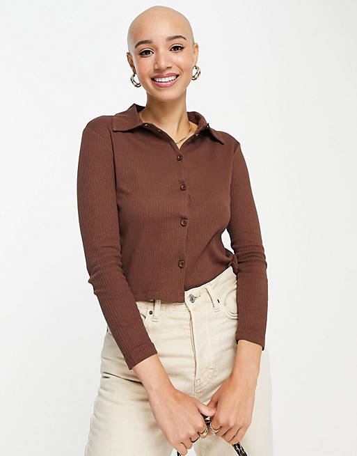 Women Shirts & Blouses/Miss Selfridge chocolate long sleeve button through jersey shirt 