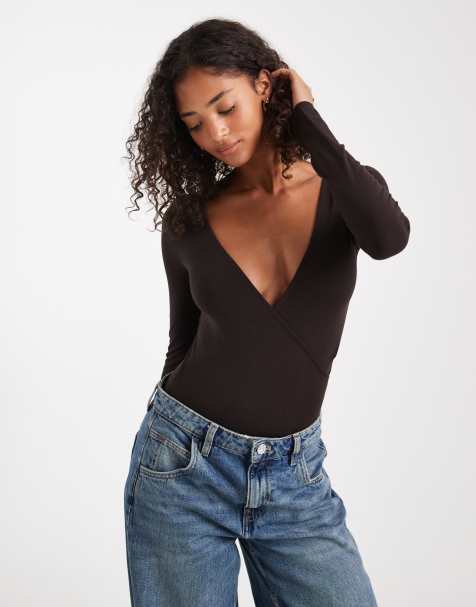 Miss Selfridge – Chokladbrun body i omlottdesign med långa ärmar - view 1