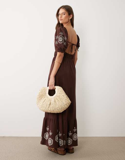 Miss Selfridge – Chokladbrun maxiklänning med puffärmar och broderi , 2 av 4