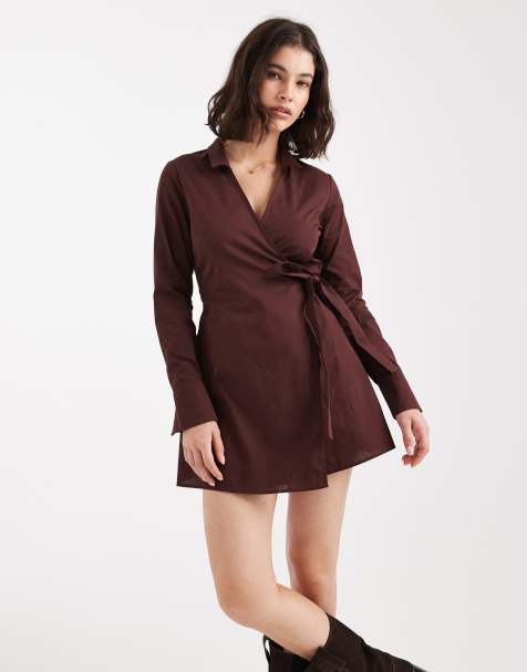 Miss Selfridge – Chokladbrun miniklänning i poplin med omlottdesign - view 1