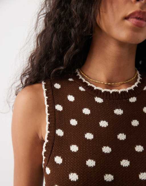 Miss Selfridge – Chokladbrun, prickig, stickad shiftklänning i minilängd, 3 av 4