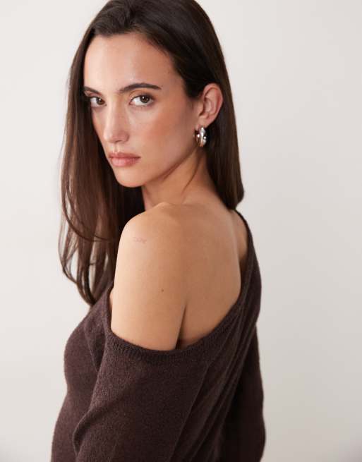 Miss Selfridge – Chokladbrun, skir, stickad och asymmetrisk miniklänning med rysch, 3 av 4