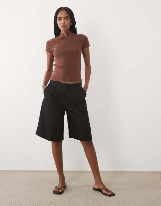 Miss Selfridge – Chokladbrun, stickad topp med mandarinkrage, 2 av 4