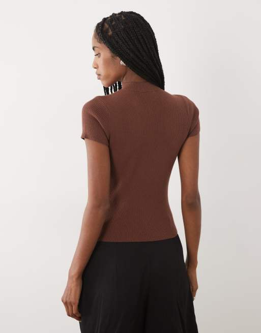Miss Selfridge – Chokladbrun, stickad topp med mandarinkrage, 3 av 4