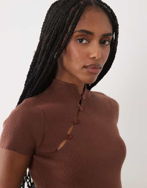 Miss Selfridge – Chokladbrun, stickad topp med mandarinkrage, 4 av 4