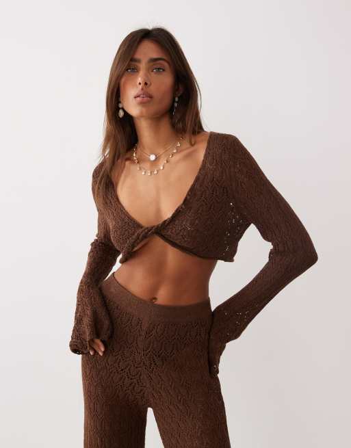 Miss Selfridge – Chokladbrunt, virkat set med snurrad knutdetalj, 2 av 3