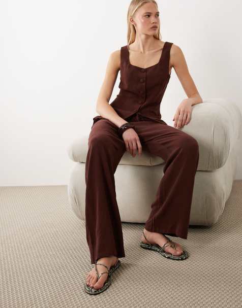 Miss Selfridge – Chokladbruna byxor i linnestil med resårmidja - view 1