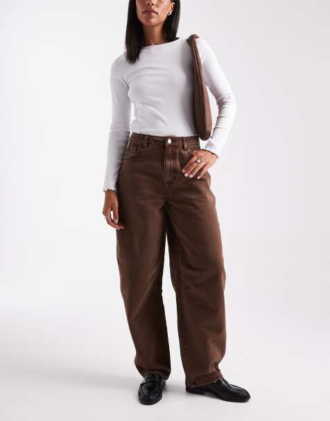 Miss Selfridge – Chokladbruna jeans med barrelben och tvättad finish - view 1