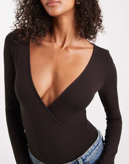 Miss Selfridge - Chokoladebrun bodystocking med slå-om-snit og lange ærmer, 3 af 4