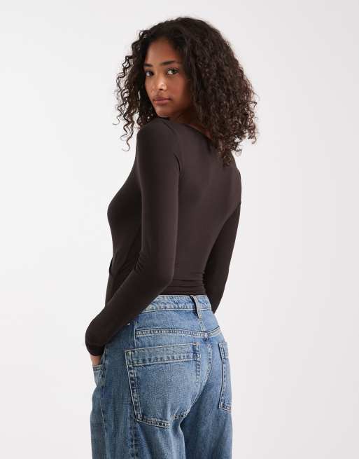 Miss Selfridge - Chokoladebrun bodystocking med slå-om-snit og lange ærmer, 4 af 4