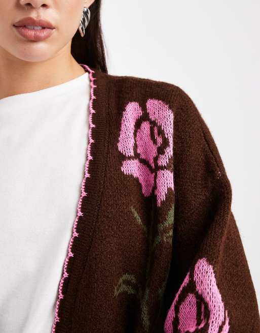 Miss Selfridge - Chokoladebrun cardigan med blomstermønster og tungesting, 3 af 4