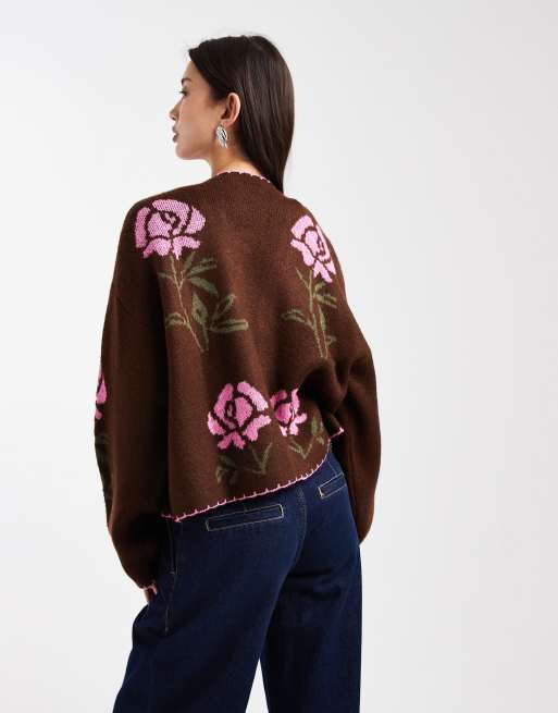 Miss Selfridge - Chokoladebrun cardigan med blomstermønster og tungesting, 4 af 4