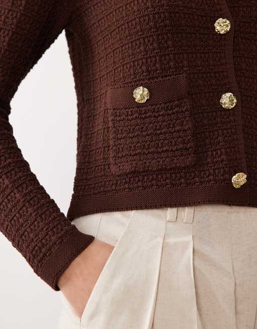 Miss Selfridge - Chokoladebrun cardigan med gennemgående knapper i tekstureret strik, 2 af 4