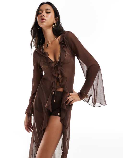 Miss Selfridge - Chokoladebrun maxi-strandkimono med flæsedetaljer