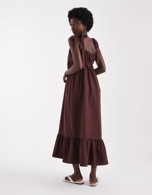 Miss Selfridge - Chokoladebrun maxikjole i hørlook med bindeskulder, 4 af 4
