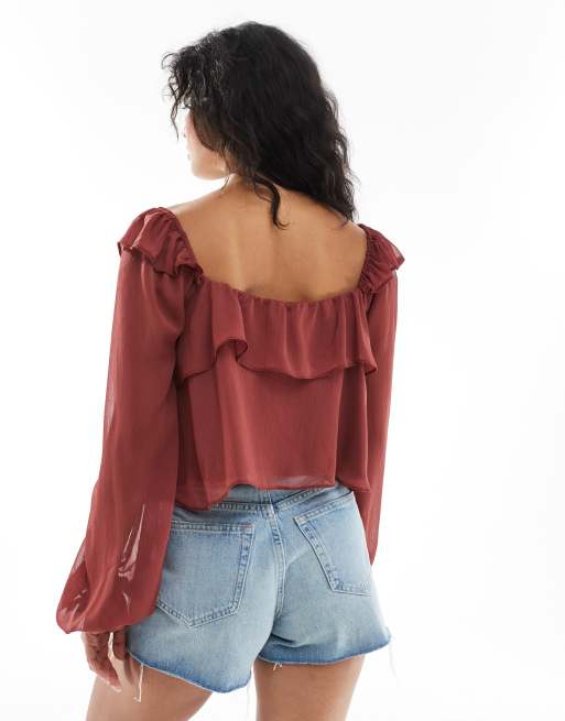 Miss Selfridge - Chokoladebrun milkmaid-bluse i chiffon, 4 af 4