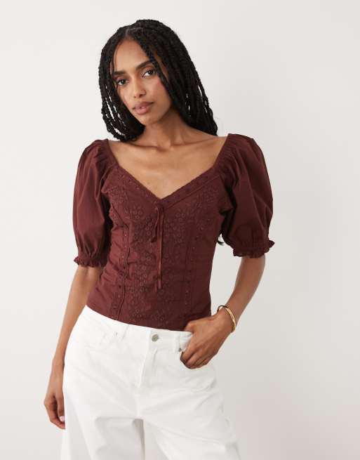 Miss Selfridge - Chokoladebrun milkmaid-top med broderi, 4 af 4