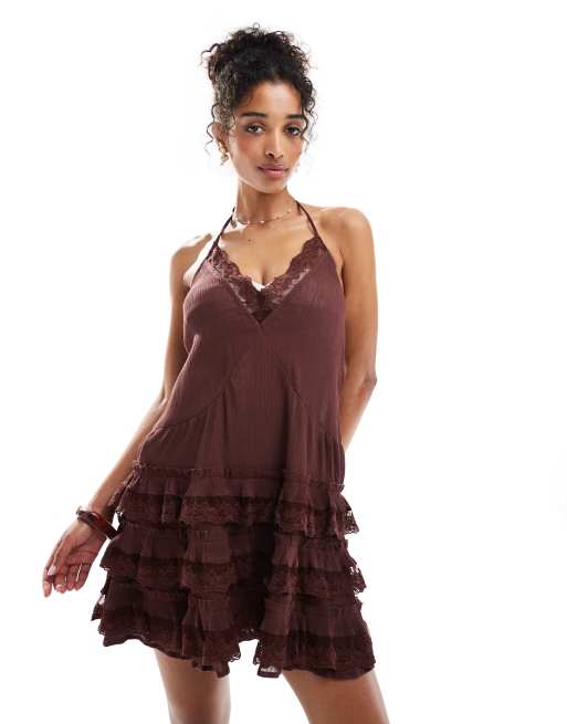 Miss Selfridge - Chokoladebrun mini-strandkjole med lavtsiddende talje i ostelærred, 2 af 4