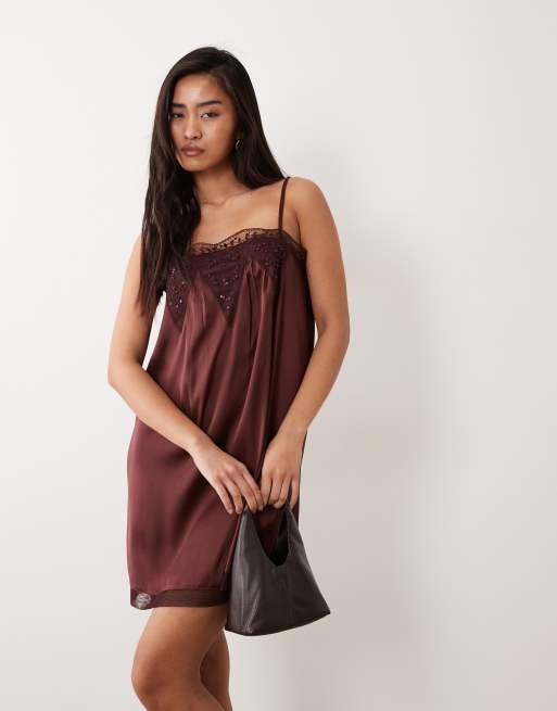 Miss Selfridge - Chokoladebrun minikjole i satin med udsmykning, 4 af 4