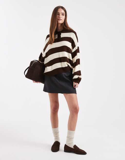 Miss Selfridge - Chokoladebrun og lysegul strikket polo-trøje med striber, 2 af 4